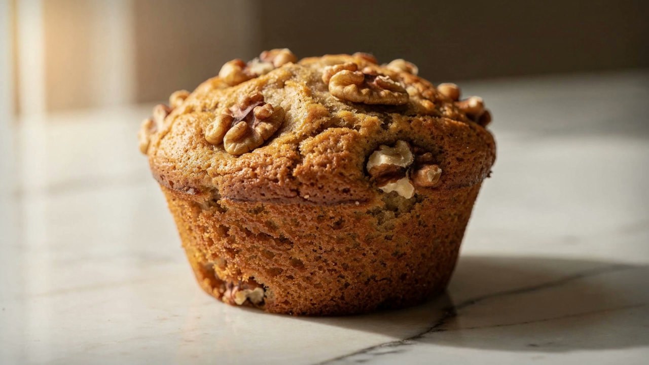 A banana walnut muffin topped with walnut pieces on a cooling rack