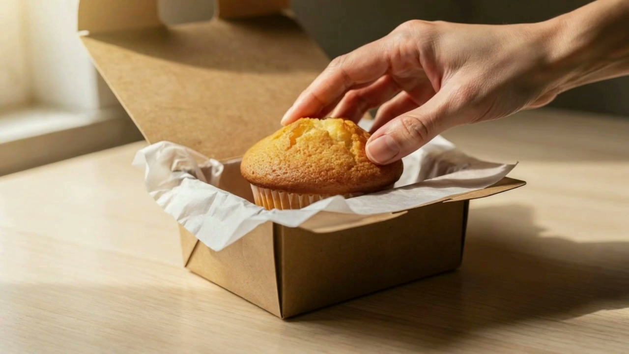 Hands placing fresh muffins into a kraft paper box with tissue paper