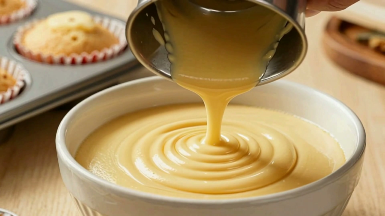 Close-up of batter being poured smoothly into a paper-lined muffin tin